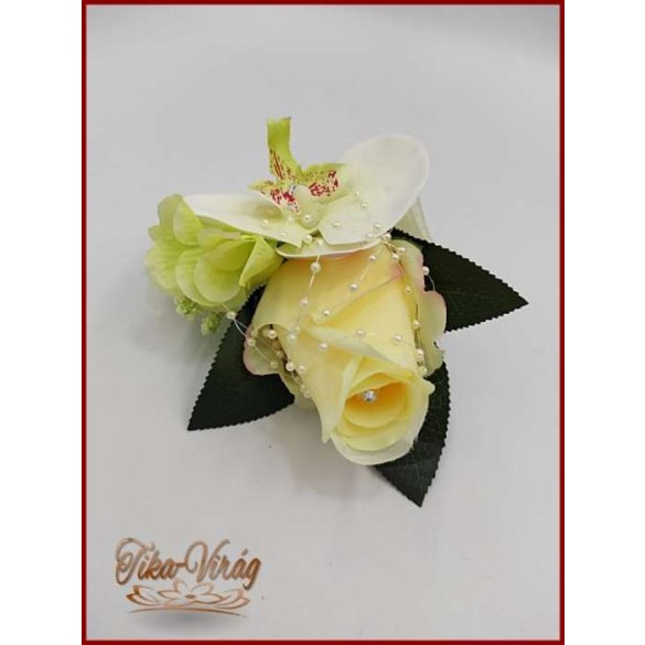 Pasztell sárga rózsás - zöldes-fehér orchideás - zöld hortenziával díszített kitűző, bokréta 
