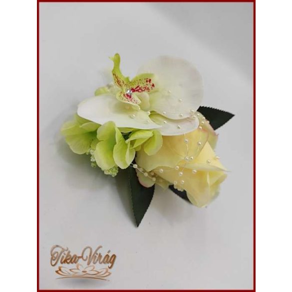 Pasztell sárga rózsás - zöldes-fehér orchideás - zöld hortenziával díszített kitűző, bokréta 