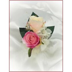 Pink-barack-pasztell 2 virágos kitűző, bokréta 