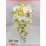 Pasztell sárga rózsás - zöldes-fehér orchideás - zöld hortenziával díszített menyasszonyi örök-csokor 