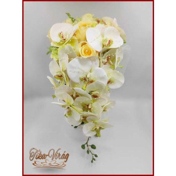 Pasztell sárga rózsás - zöldes-fehér orchideás - zöld hortenziával díszített menyasszonyi örök-csokor 