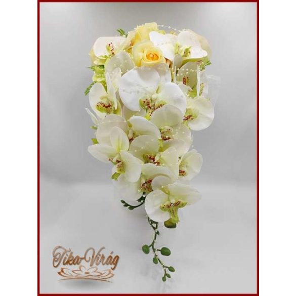 Pasztell sárga rózsás - zöldes-fehér orchideás - zöld hortenziával díszített menyasszonyi örök-csokor 