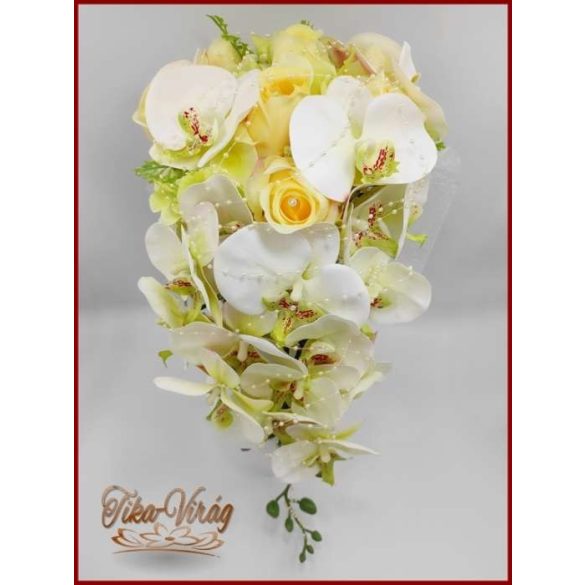 Pasztell sárga rózsás - zöldes-fehér orchideás - zöld hortenziával díszített menyasszonyi örök-csokor 