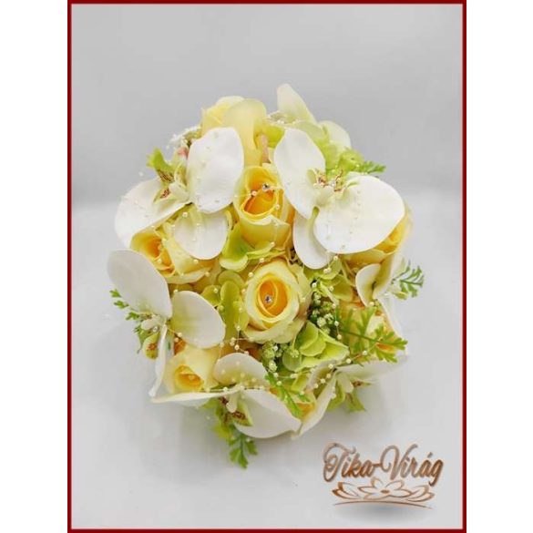 Pasztell sárga rózsás - zöldes-fehér orchideás - zöld hortenziával díszített menyasszonyi örök-csokor 