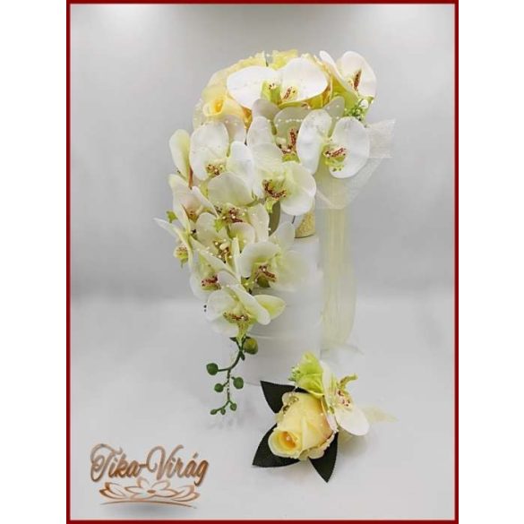 Pasztell Sárga Rózsás Menyasszonyi Örök Csokor Zöld Orchideával és Hortenziával kitűzővel 