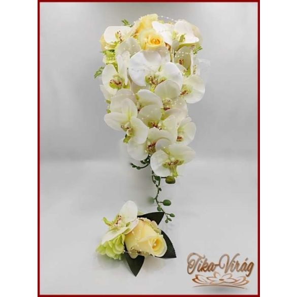 Pasztell Sárga Rózsás Menyasszonyi Örök Csokor Zöld Orchideával és Hortenziával kitűzővel 