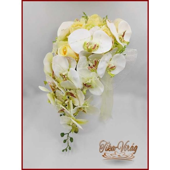 Pasztell Sárga Rózsás Menyasszonyi Örök Csokor Zöld Orchideával és Hortenziával kitűzővel 