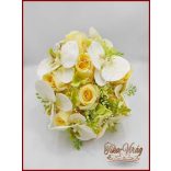 Pasztell Sárga Rózsás Menyasszonyi Örök Csokor Zöld Orchideával és Hortenziával kitűzővel 