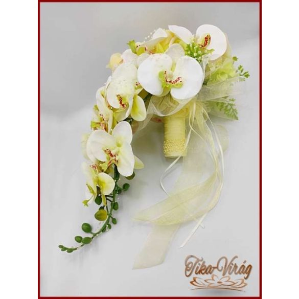Pasztell Sárga Rózsás Menyasszonyi Örök Csokor Zöld Orchideával és Hortenziával kitűzővel 