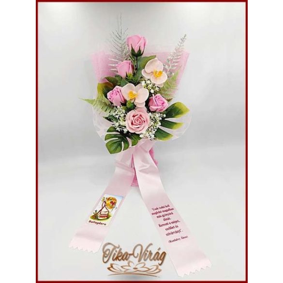 Rózsaszín rózsák- rózsaszín orchideás szappan-virág csokor + ballagó szalaggal 