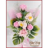 Rózsaszín rózsák- rózsaszín orchideás szappan-virág csokor + ballagó szalaggal 