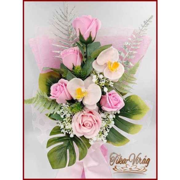 Rózsaszín rózsák- rózsaszín orchideás szappan-virág csokor + ballagó szalaggal 