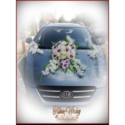   Lila-Fehér Orchideás-Rózsás, zöld Hortenziás autódísz 