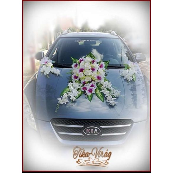 Lila-Fehér Orchideás-Rózsás, zöld Hortenziás autódísz 