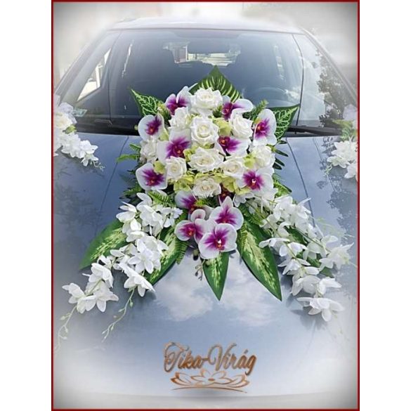 Lila-Fehér Orchideás-Rózsás, zöld Hortenziás autódísz 