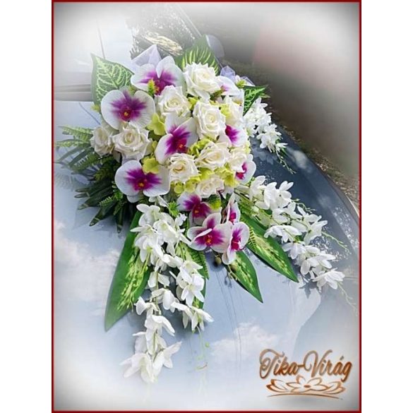Lila-Fehér Orchideás-Rózsás, zöld Hortenziás autódísz 