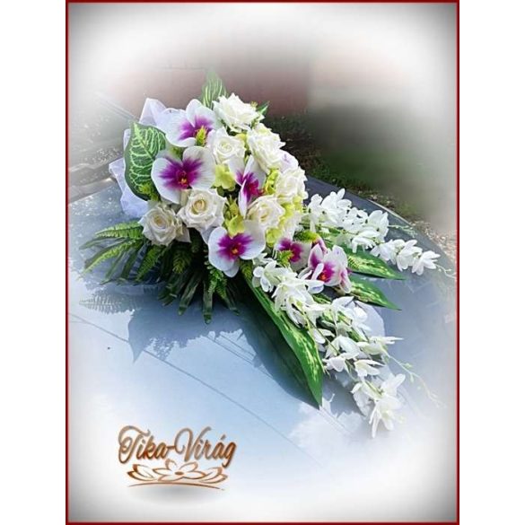 Lila-Fehér Orchideás-Rózsás, zöld Hortenziás autódísz 