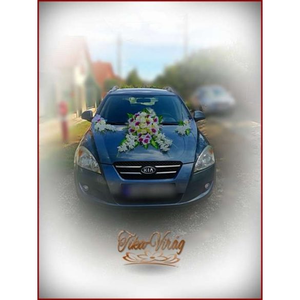 Lila-Fehér Orchideás-Rózsás, zöld Hortenziás autódísz 