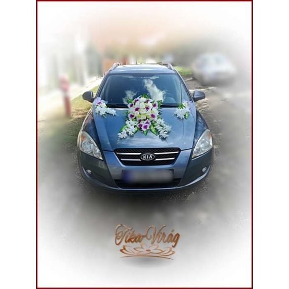 Lila-Fehér Orchideás-Rózsás, zöld Hortenziás autódísz 