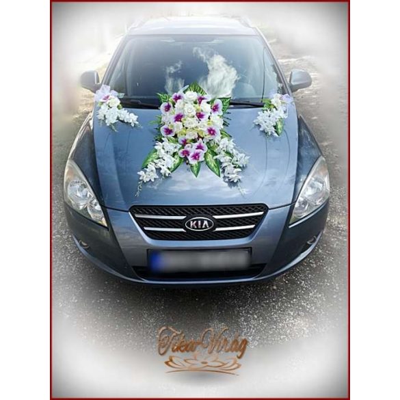 Lila-Fehér Orchideás-Rózsás, zöld Hortenziás autódísz 