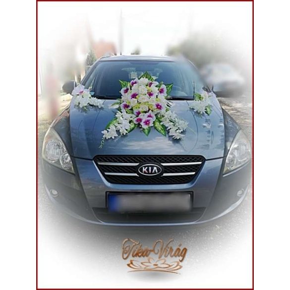 Lila-Fehér Orchideás-Rózsás, zöld Hortenziás autódísz 