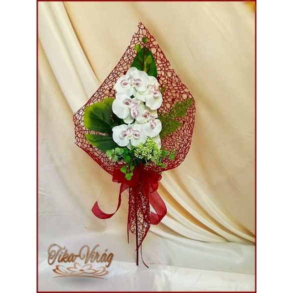 Fehér-Orchideás bordó díszítésű Szülő-köszöntő Örök-csokor 