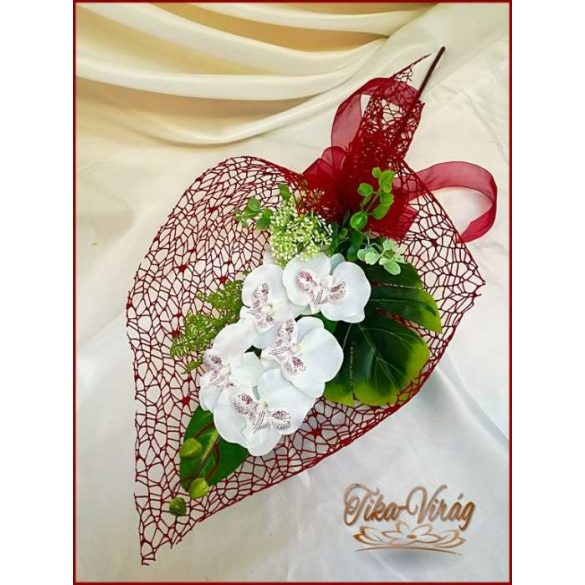 Fehér-Orchideás bordó díszítésű Szülő-köszöntő Örök-csokor 