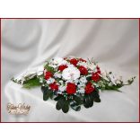 Piros rózsás-fehér orchideás örök-asztaldísz 