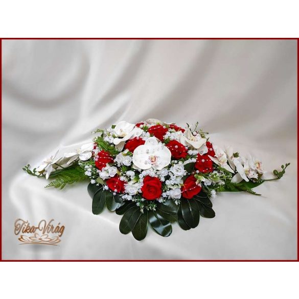 Piros rózsás-fehér orchideás örök-asztaldísz 