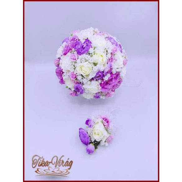 Lila fehér örökcsokor kitűzővel 