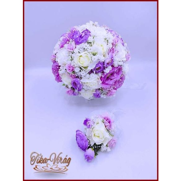 Lila fehér örökcsokor kitűzővel 