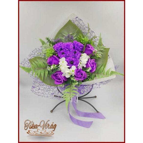 Kutyus illatos szappan-virág csokorba kötve lila színű 