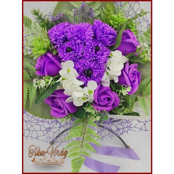 Kutyus illatos szappan-virág csokorba kötve lila színű 