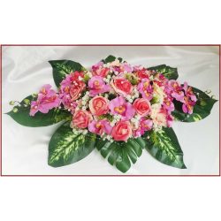 Pink-barack orchideás-rózsás asztaldísz 