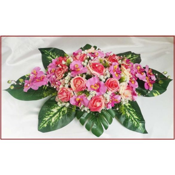 Pink-barack orchideás-rózsás asztaldísz 