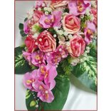 Pink-barack orchideás-rózsás asztaldísz 