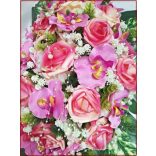 Pink-barack orchideás-rózsás asztaldísz 