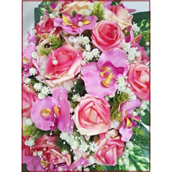 Pink-barack orchideás-rózsás asztaldísz 