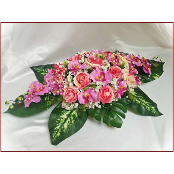 Pink-barack orchideás-rózsás asztaldísz 