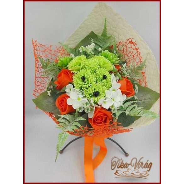 Kutyus illatos szappan-virág csokorba kötve zöld-narancssárga 