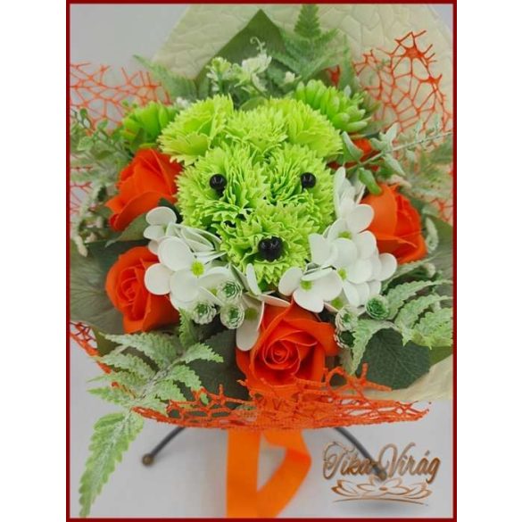 Kutyus illatos szappan-virág csokorba kötve zöld-narancssárga 