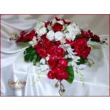 Bordó orchideás-fehér rózsás örök-asztaldísz 