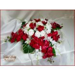 Bordó orchideás-fehér rózsás örök-asztaldísz 