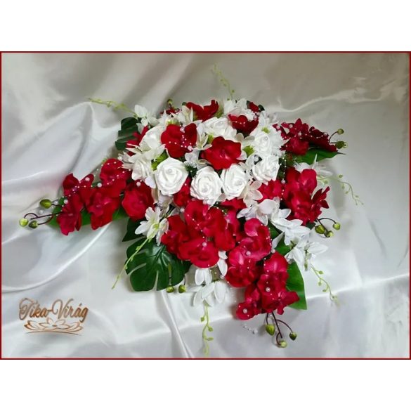 Bordó orchideás-fehér rózsás örök-asztaldísz 