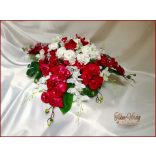 Bordó orchideás-fehér rózsás örök-asztaldísz 