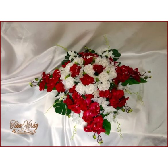 Bordó orchideás-fehér rózsás örök-asztaldísz 