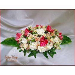   Mályva orchidea-ekrü rózsa- barack díszítéssel örök-asztaldísz 