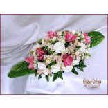 Mályva orchidea-ekrü rózsa- barack díszítéssel örök-asztaldísz 