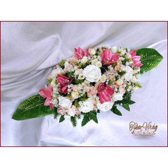 Mályva orchidea-ekrü rózsa- barack díszítéssel örök-asztaldísz 