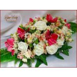 Mályva orchidea-ekrü rózsa- barack díszítéssel örök-asztaldísz 